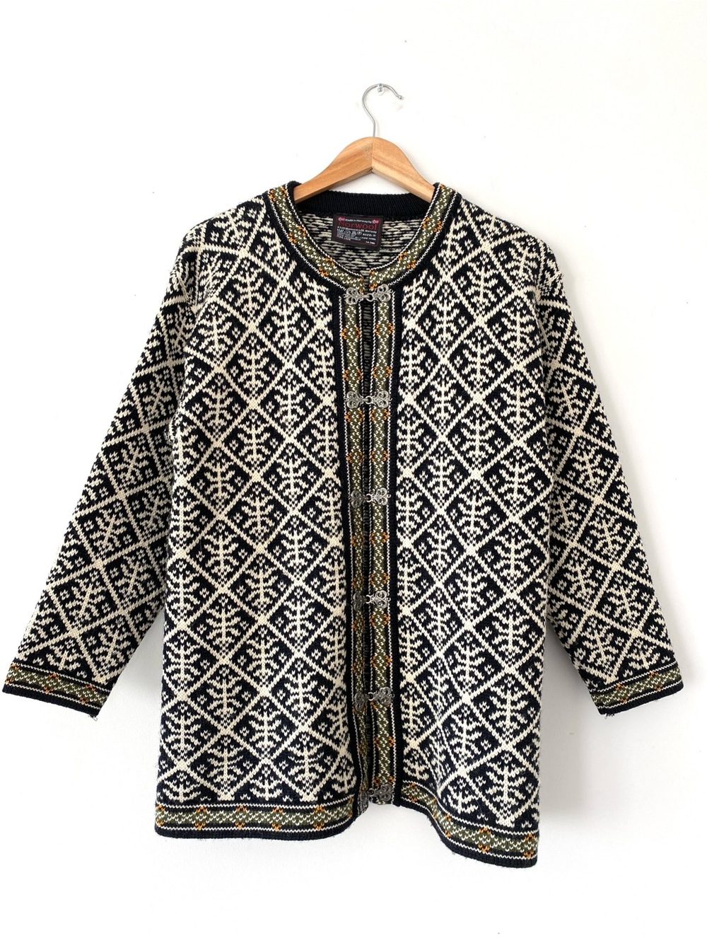 VTG Norwool Black & Cream Pure Wool Nordic Knit Cardigan Decorative Hooks Sz S